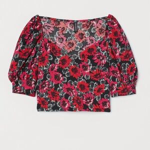 H&M Red and Pink Puff Sleeve Blouse